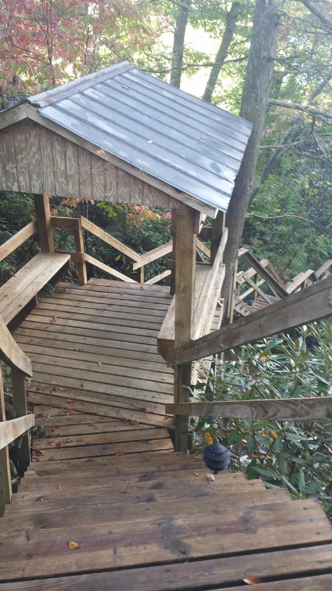 Metal roofed shelter over wooden steps on a wooded walkway — Skylight Repair & Installation work by our crew in Rudd